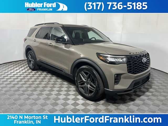 2026 Ford Explorer ST-Line in Marsh Gray — front three-quarter view