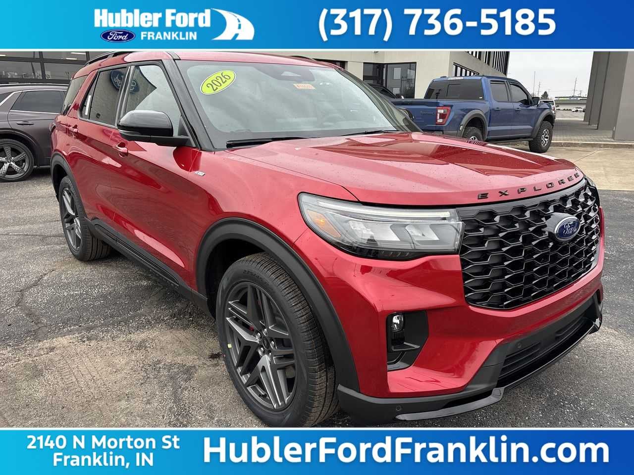 2026 Ford Explorer ST-Line in Rapid Red Metallic Tinted Clearcoat — front three-quarter view